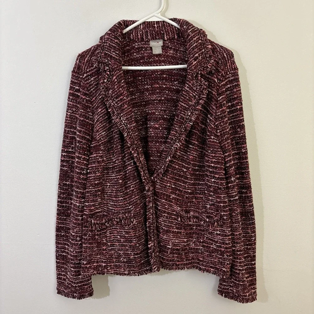 Chicos Size 3 Tweed Blazer Fringe Knit Maroon Winter Career‎ Professional Cotton
